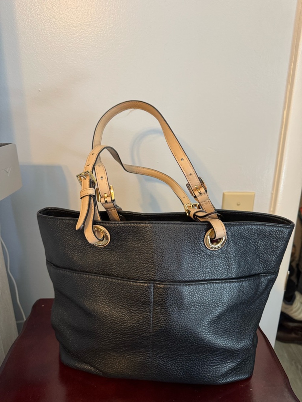 Michael Kors Black Leather Tote with Tan Handles and Gold Hardware - Picture 2 of 5